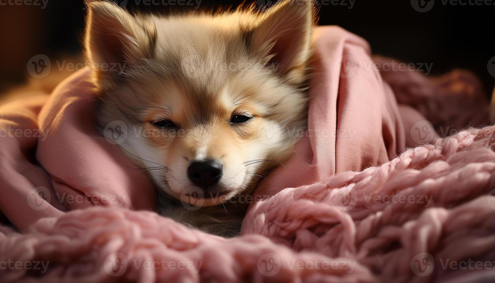 AI generated Cute puppy sleeping on a fluffy bed, purebred dog comfort generated by AI photo