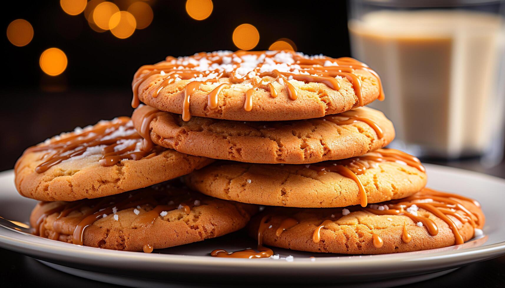 AI generated Homemade chocolate chip cookies stacked on rustic wooden table generated by AI photo