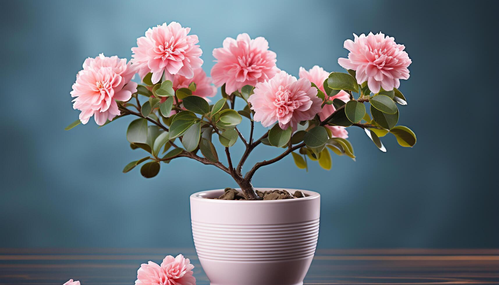 AI generated Freshness and beauty in nature pink flower blossoms in vase generated by AI photo