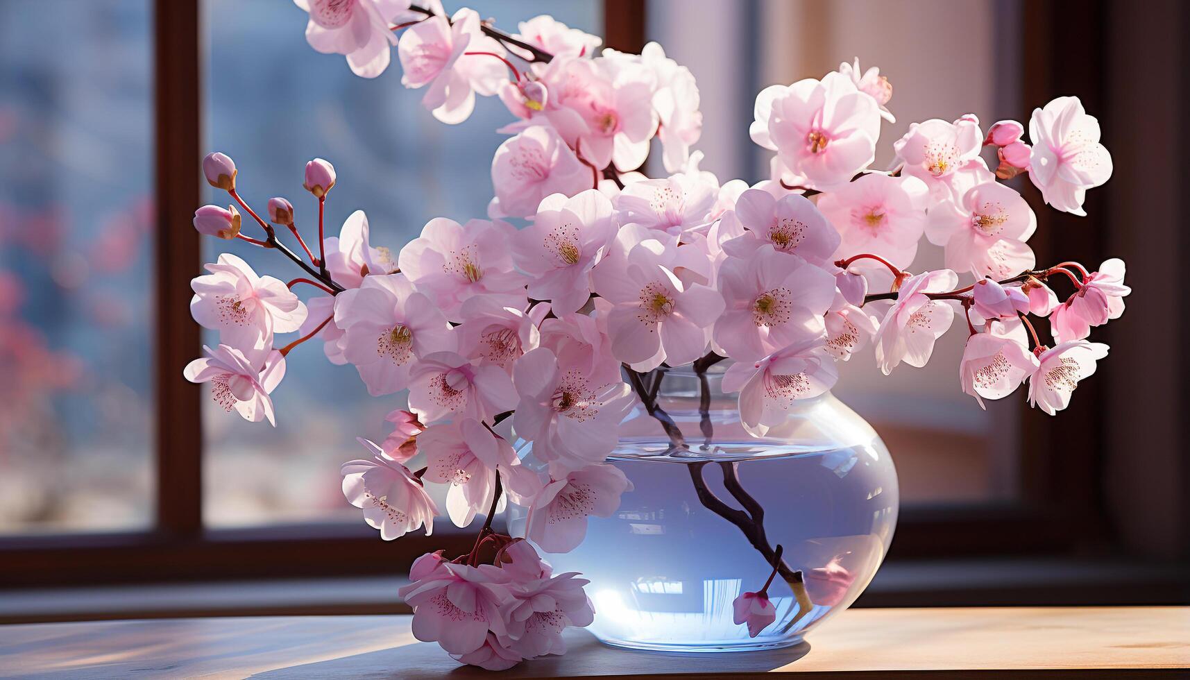 AI generated Freshness of springtime pink blossoms decorate nature window generated by AI photo