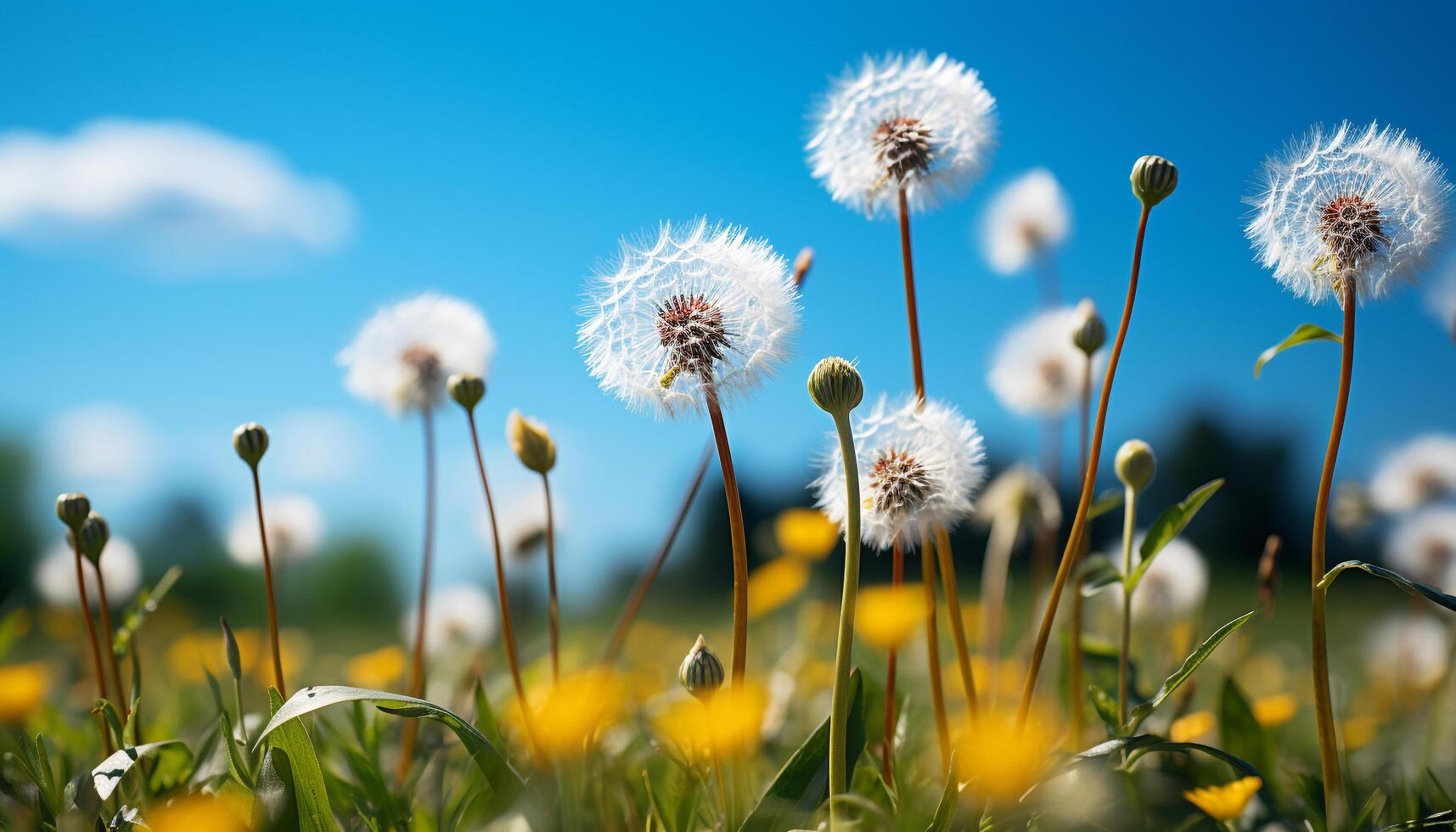 AI generated Fluffy dandelion seed floats in blue sky, symbolizing growth generated by AI photo