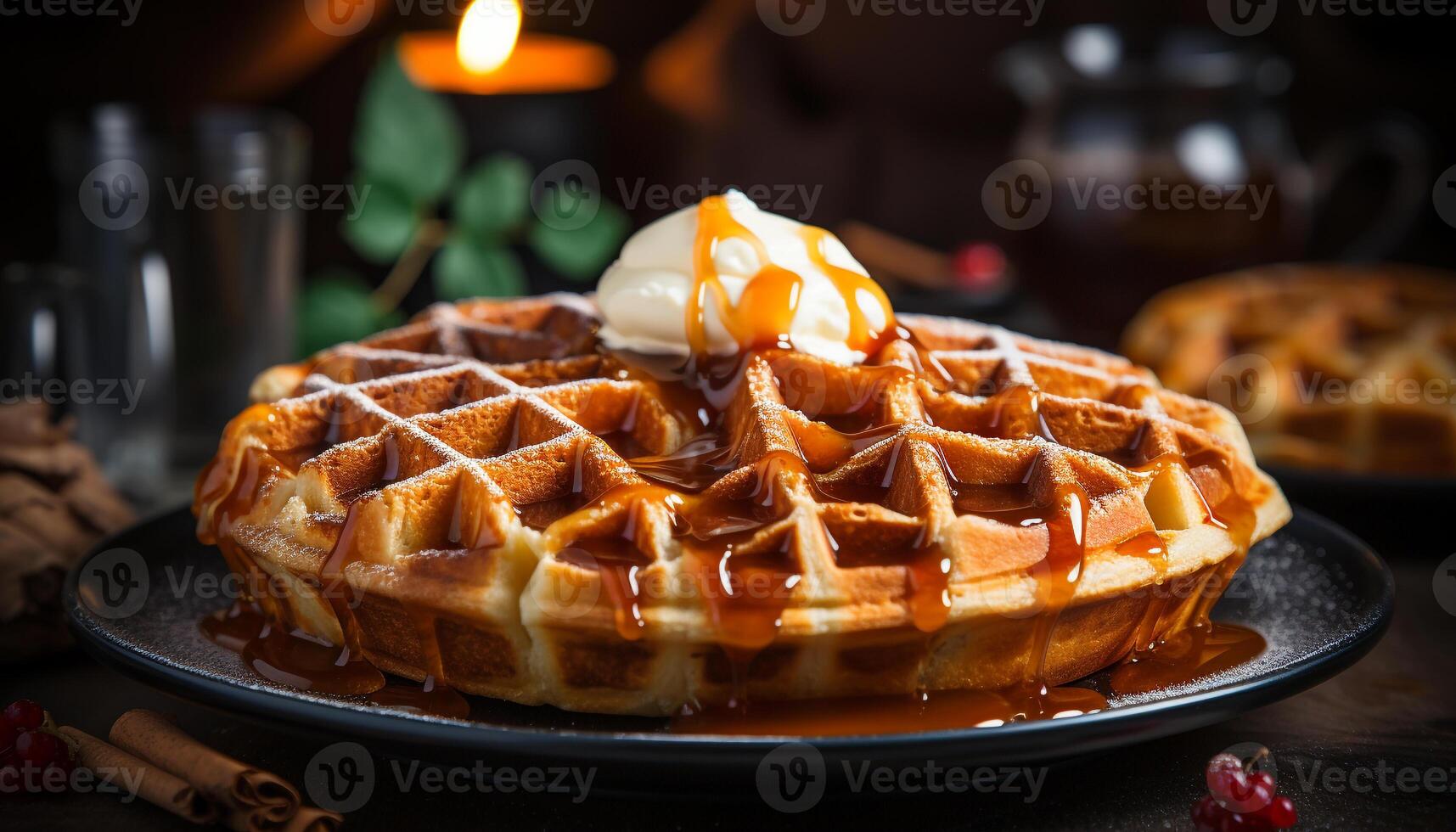 AI generated Freshly baked Belgian waffle with sweet fruit and chocolate syrup generated by AI photo