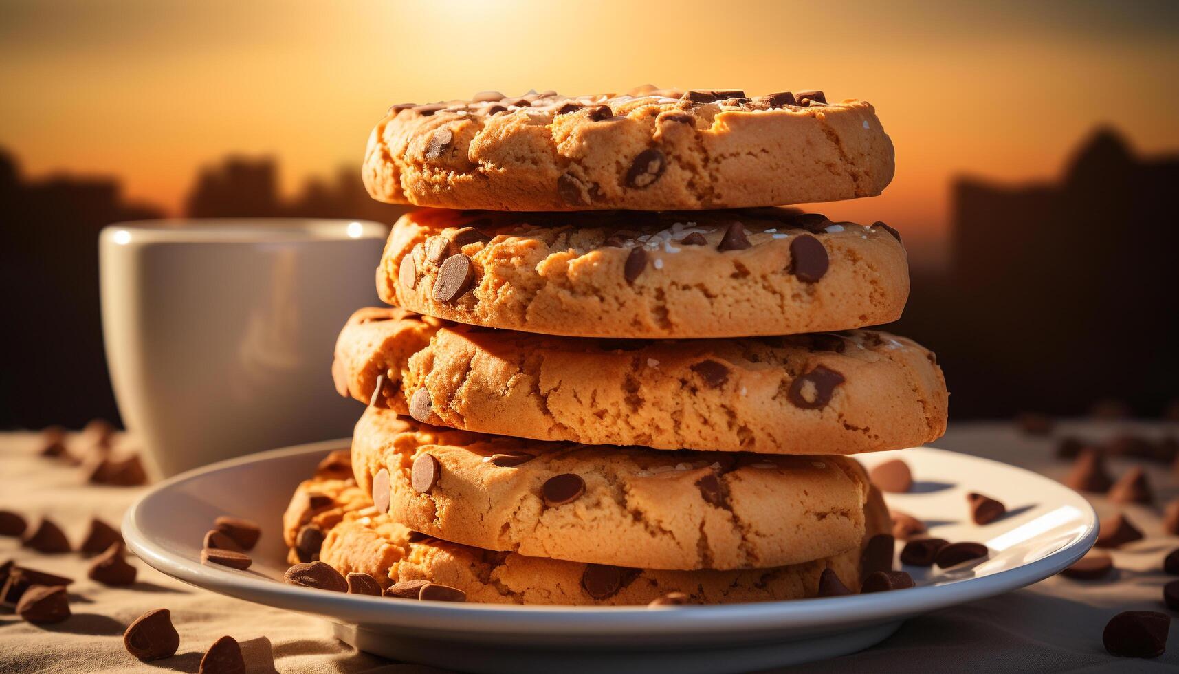 AI generated Homemade chocolate chip cookies on wooden table, ready to eat indulgence generated by AI photo