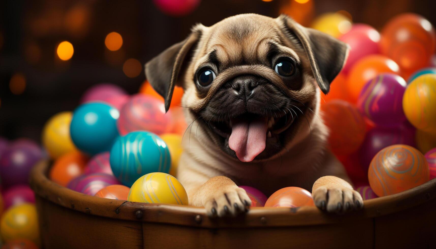 AI generated A small, playful puppy sitting in a basket with a ball generated by AI photo