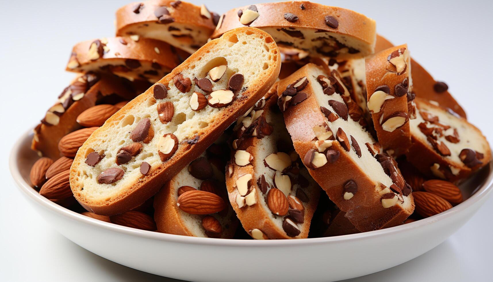 AI generated Gourmet dessert homemade chocolate almond cookie on white background generated by AI photo
