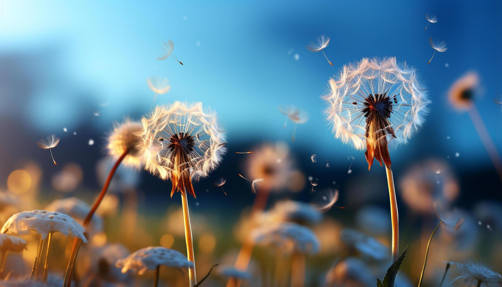 AI generated Fluffy dandelion seed flying in sunset, nature creativity in motion generated by AI photo