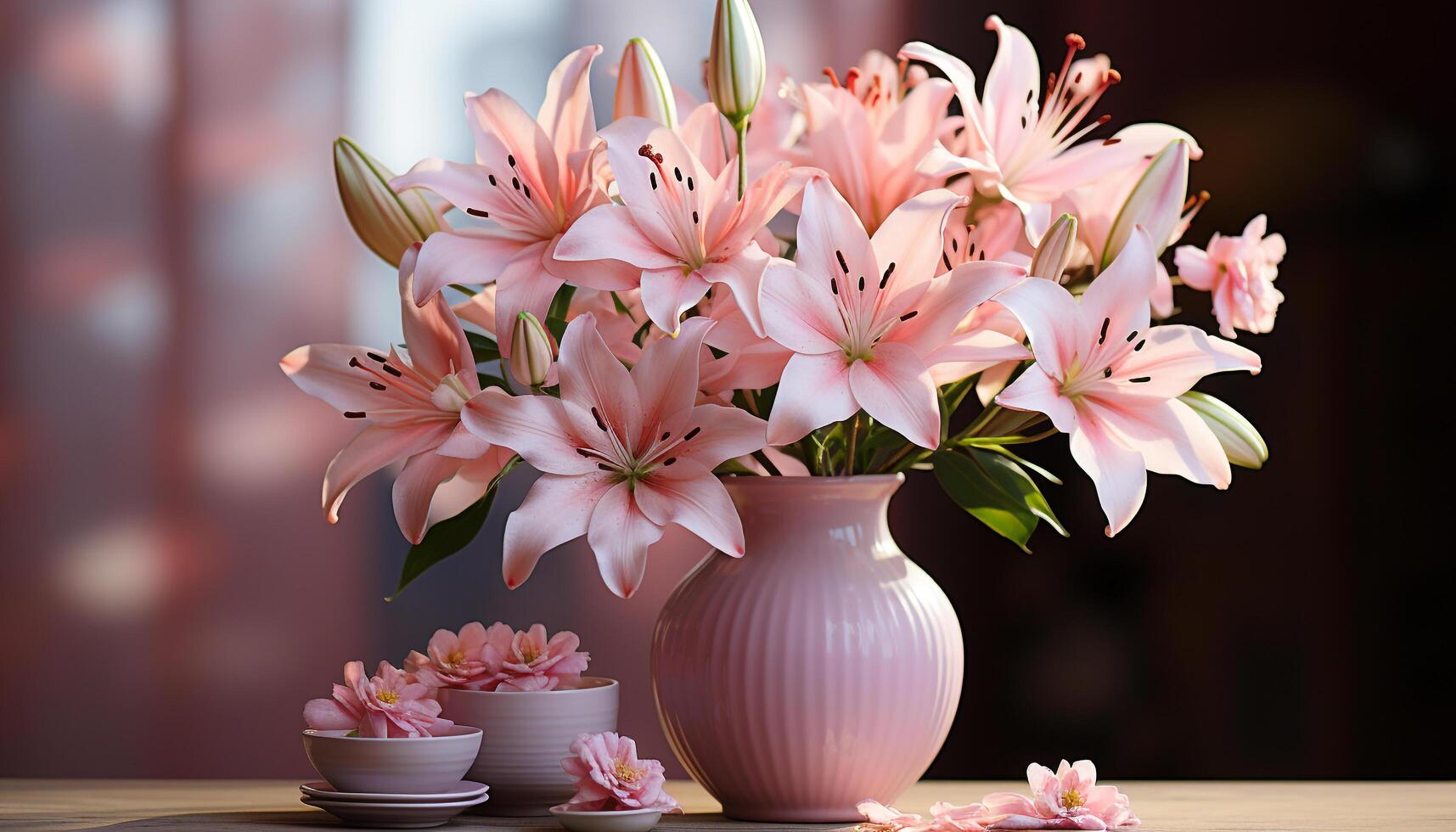 AI generated A beautiful bouquet of fresh flowers decorates the wooden table generated by AI photo