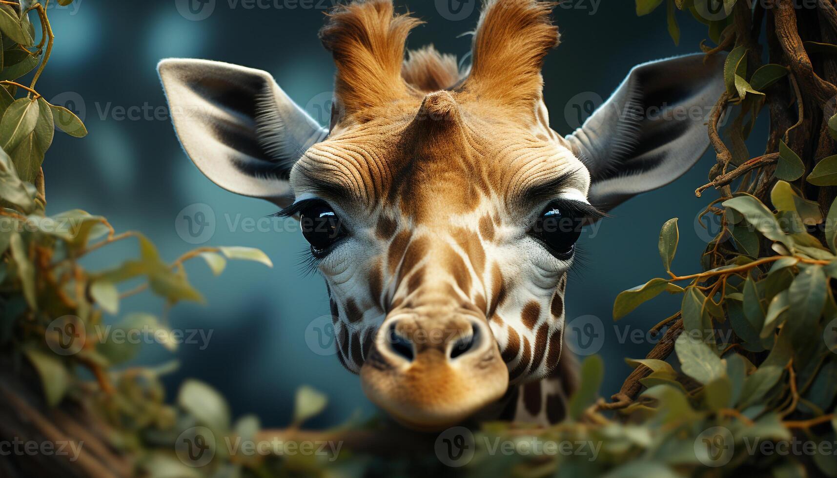 AI generated Giraffe in the wild, looking cute, surrounded by green grass generated by AI photo