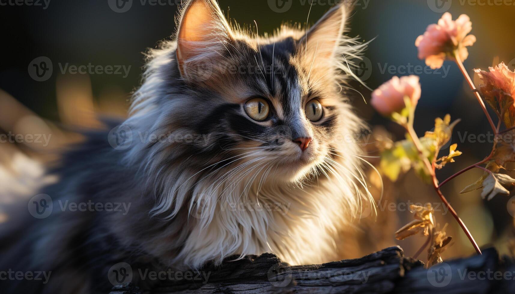 AI generated Cute kitten sitting outdoors, staring at blue nature with curiosity generated by AI photo