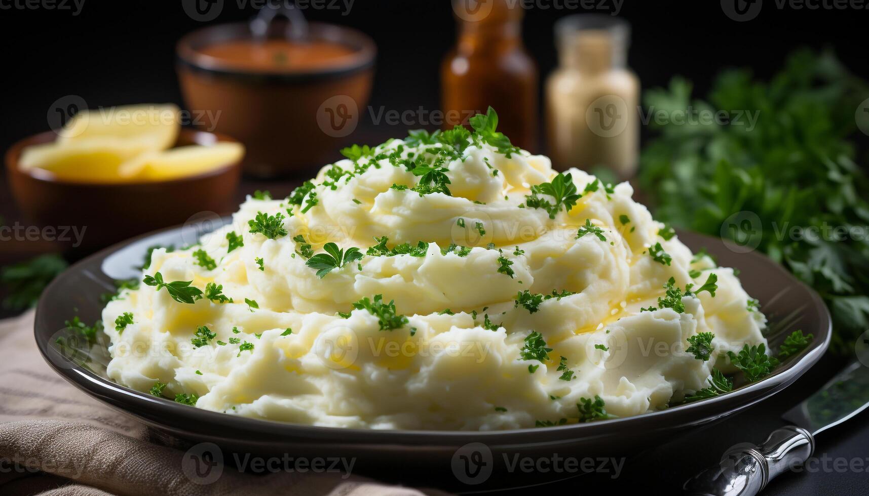 ai generado recién preparado machacado patatas con orgánico hierbas en un rústico mesa generado por ai foto