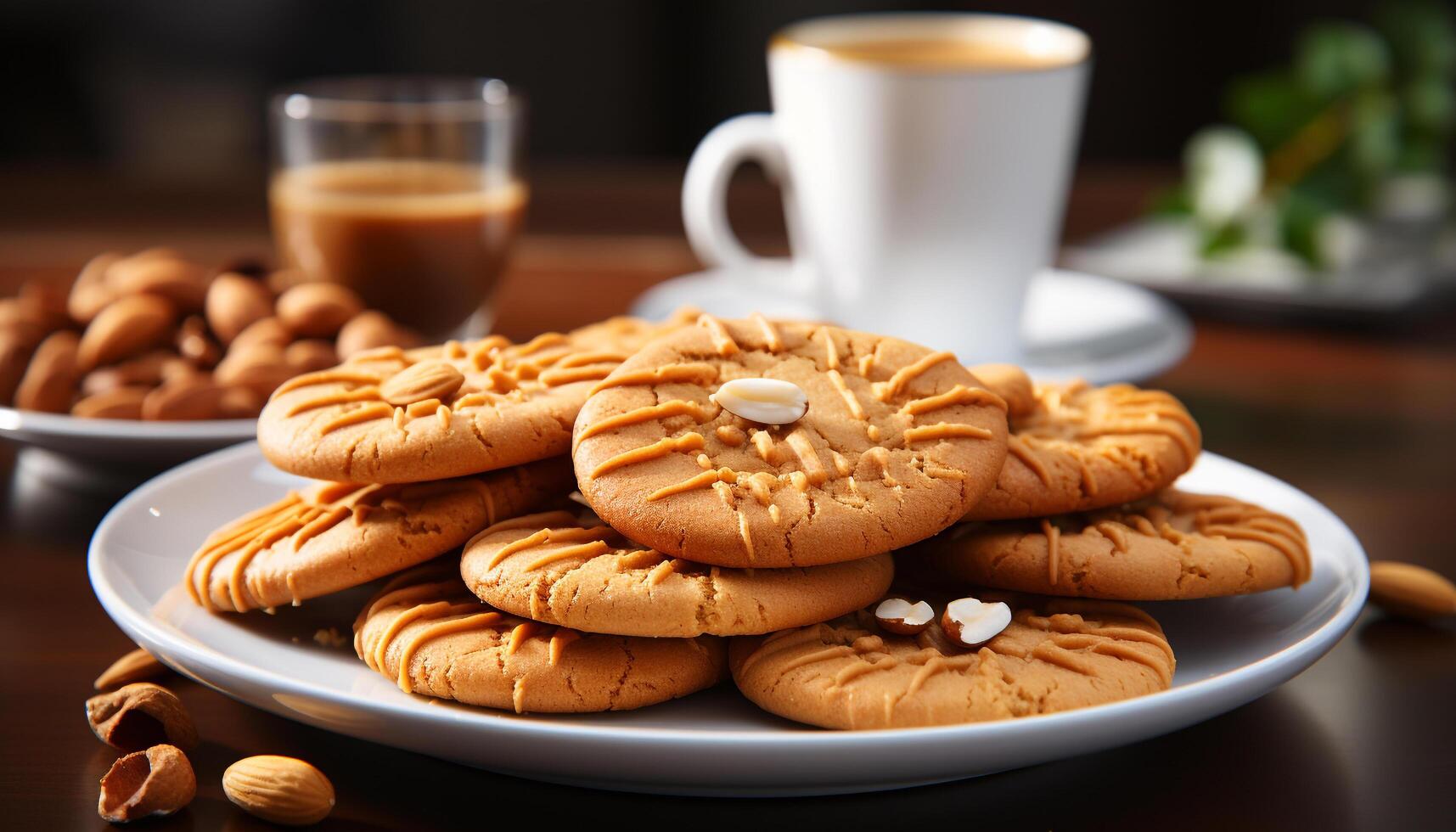 AI generated Freshly baked chocolate chip cookies on a wooden table generated by AI photo
