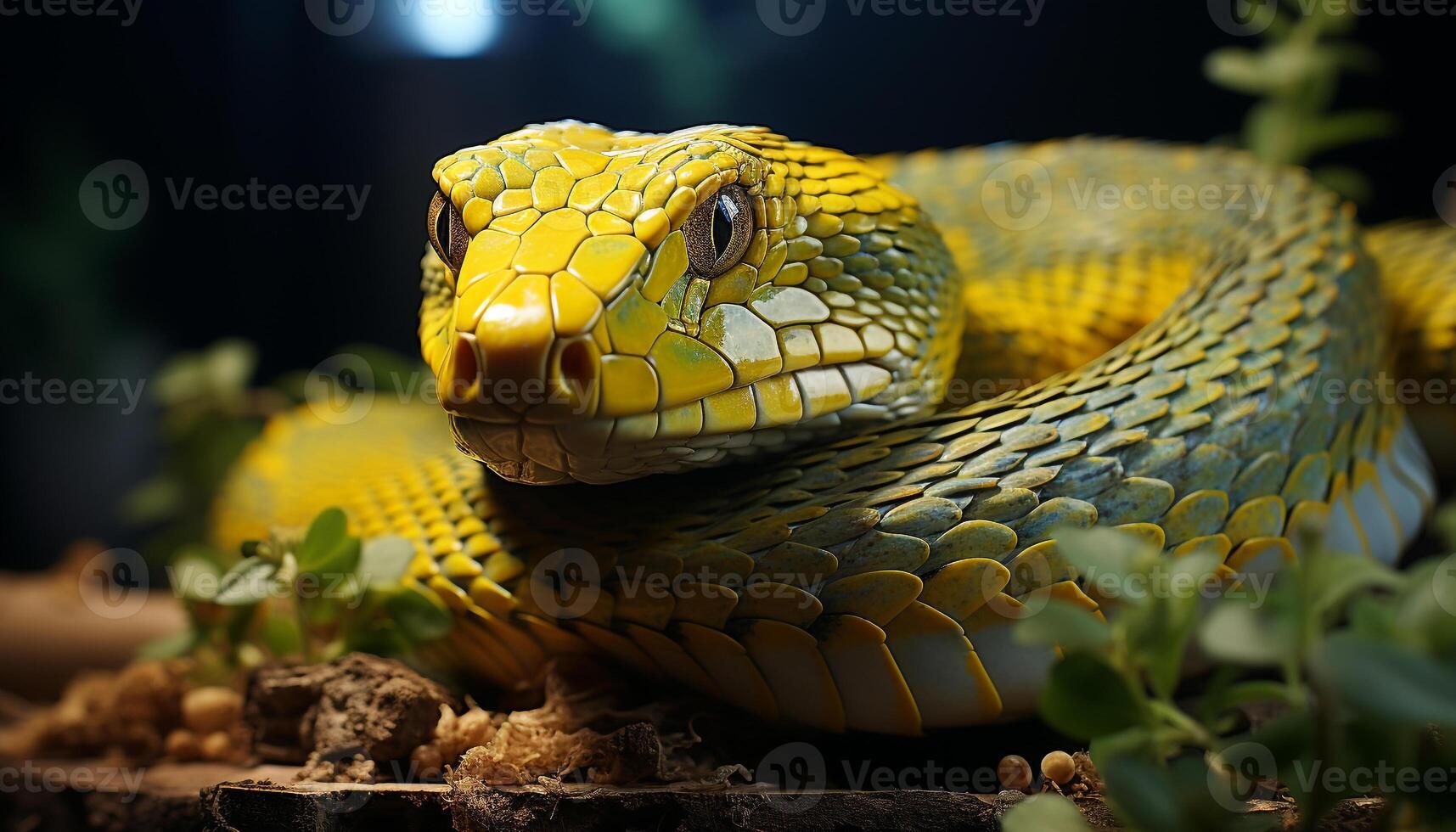 ai generado peligroso víbora en el salvaje, sus amarillo escamas deletrear temor generado por ai foto