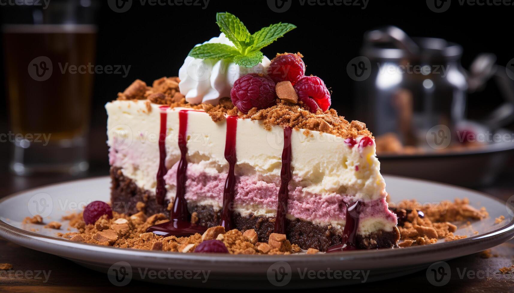 AI generated Homemade chocolate raspberry cheesecake, a sweet indulgence on a plate generated by AI photo