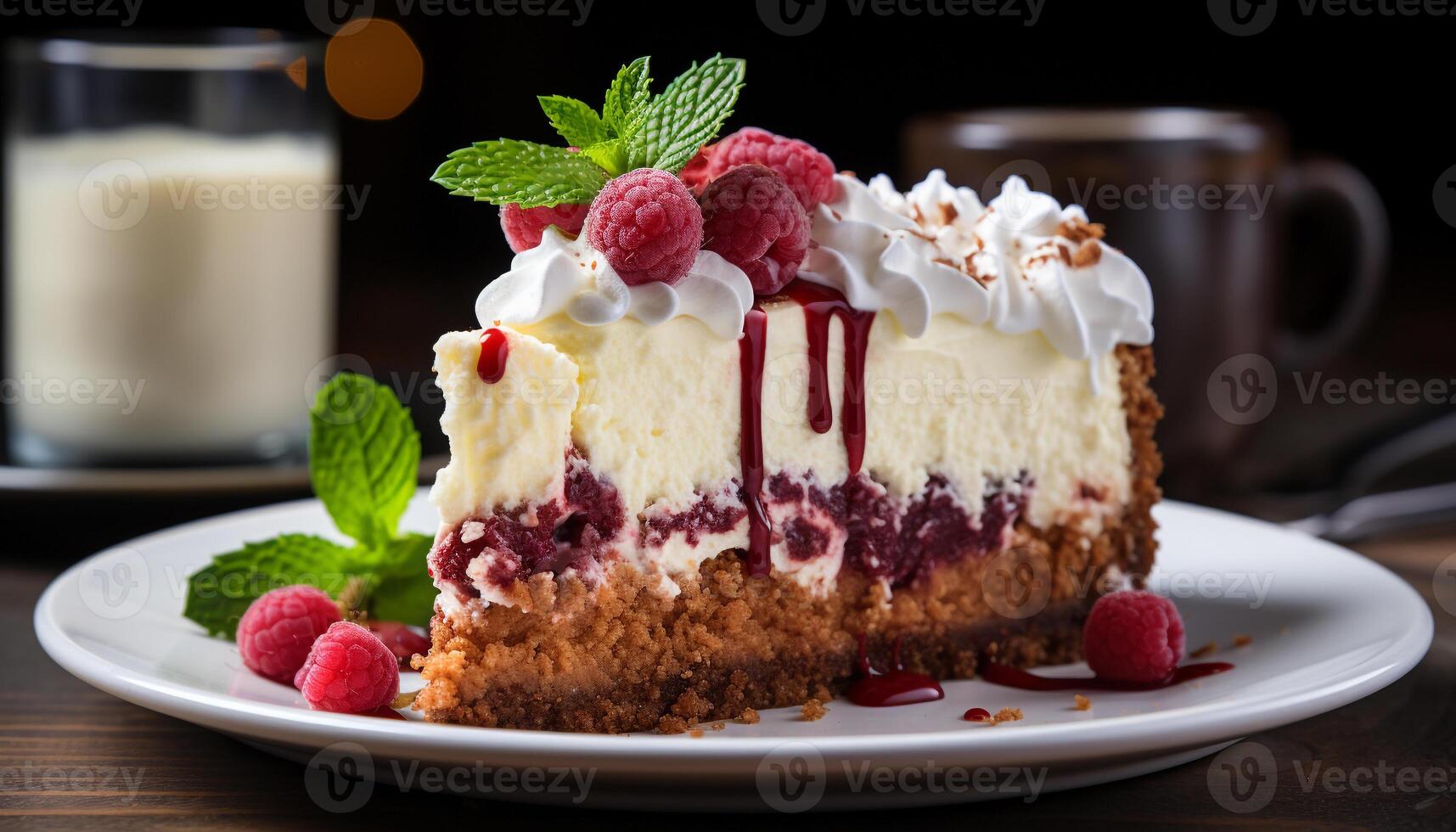 AI generated Homemade gourmet cheesecake slice with fresh raspberry and mint leaf generated by AI photo