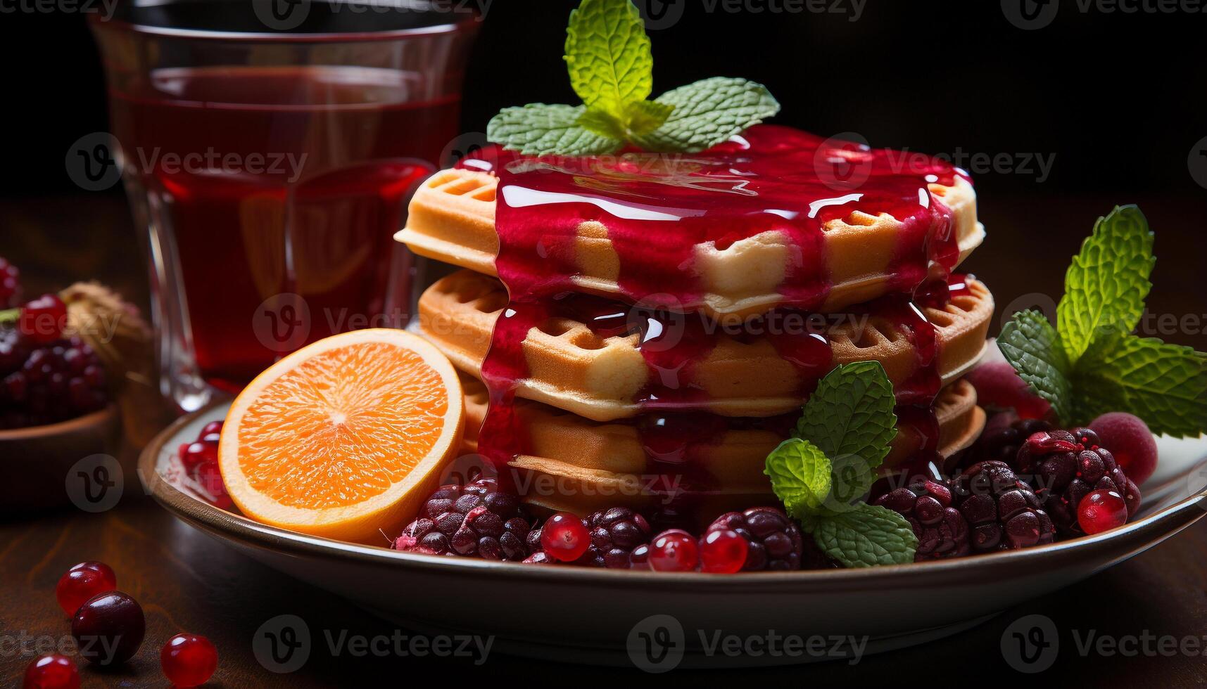 AI generated Homemade gourmet dessert Fresh berry stack on chocolate pancake generated by AI photo