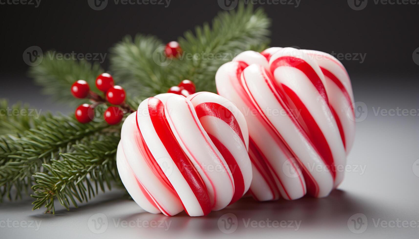 AI generated Winter celebration close up of shiny candy cane on fir tree generated by AI photo