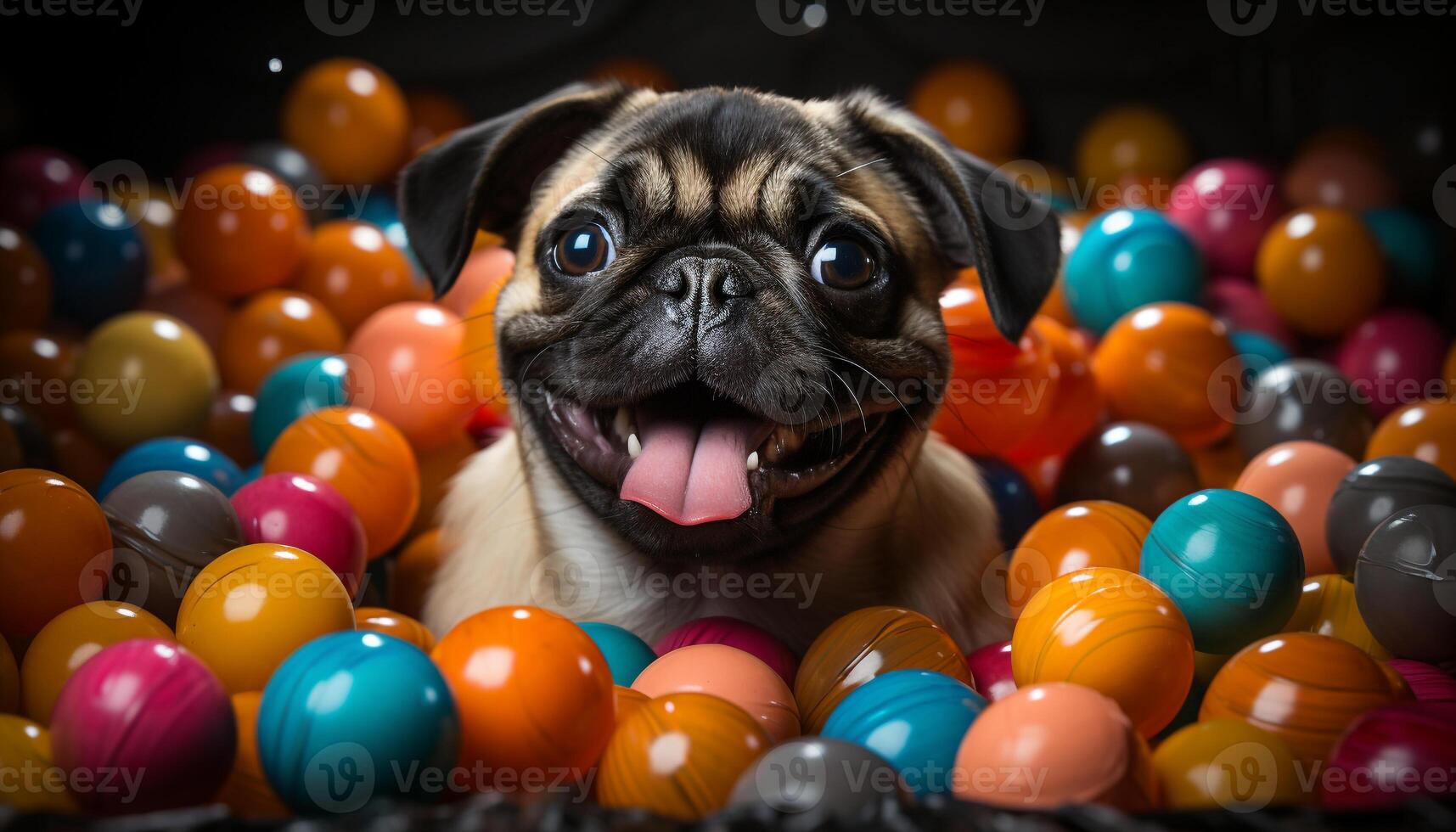 AI generated Cute small puppy playing with a yellow ball outdoors generated by AI photo