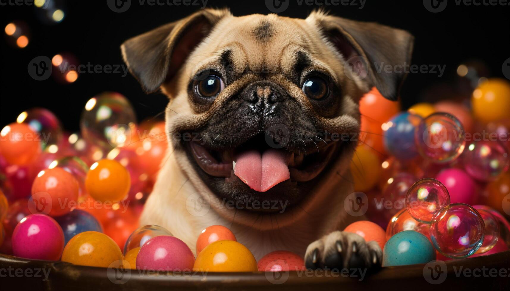 AI generated Cute pug puppy celebrates birthday with playful toy and balloons generated by AI photo