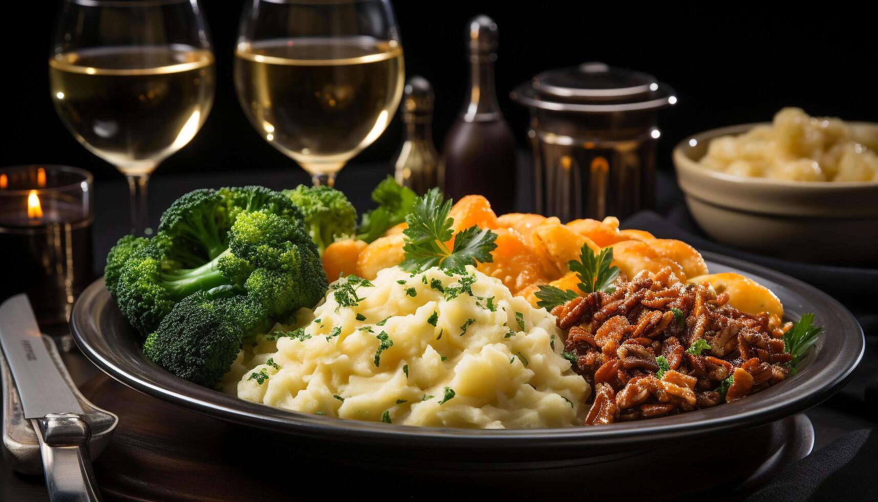 AI generated Freshly cooked gourmet meal grilled meat, mashed potatoes, and vegetables generated by AI photo