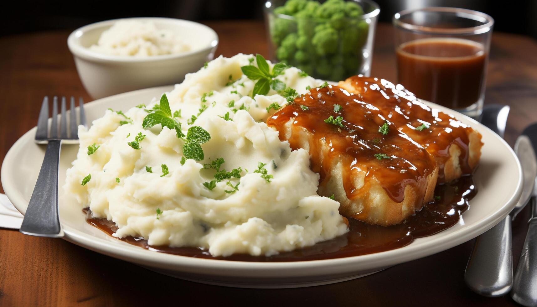 AI generated Grilled pork steak with mashed potatoes, salad, and savory sauce generated by AI photo