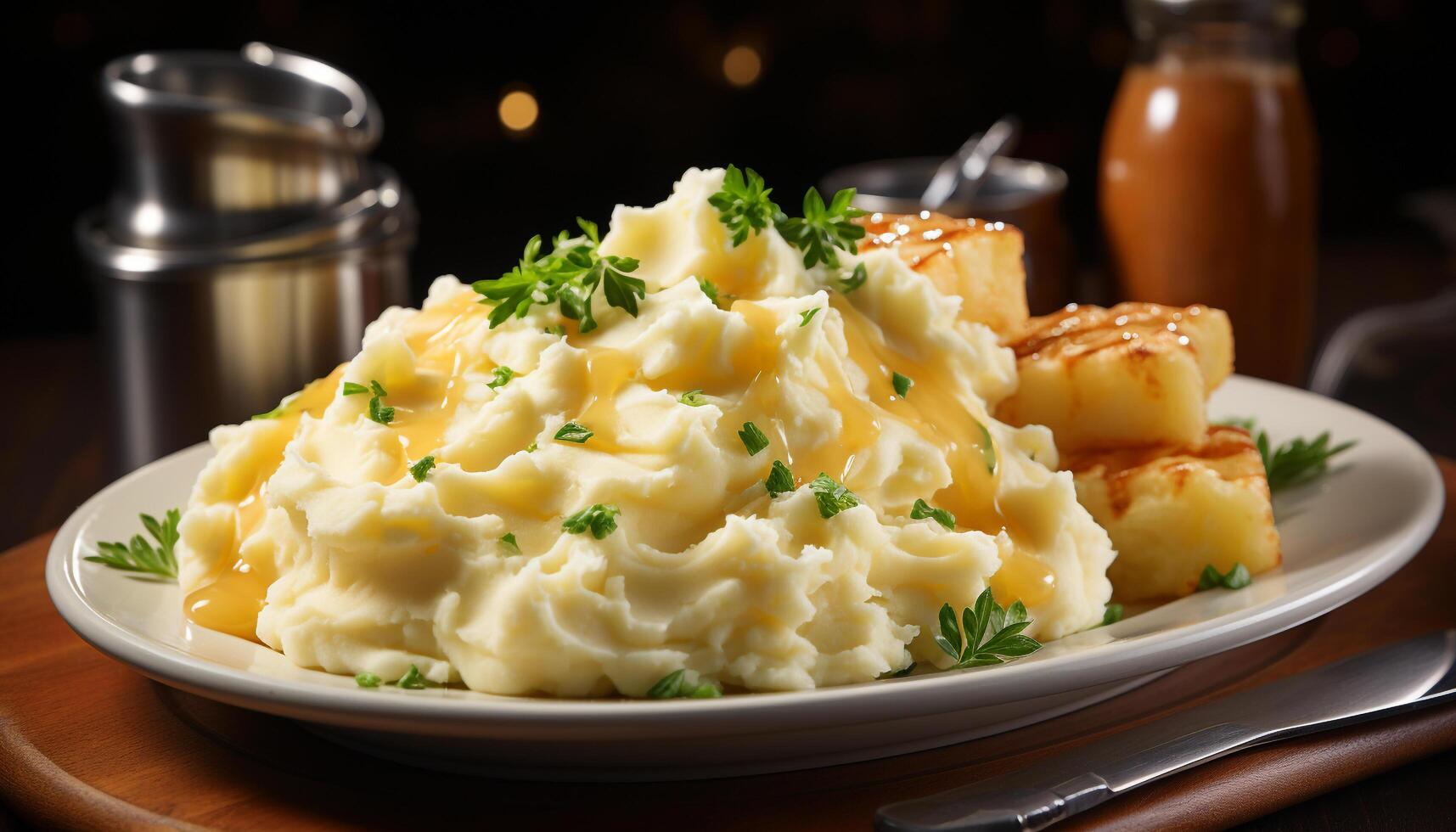 AI generated Freshly prepared mashed potatoes on a rustic wooden table generated by AI photo
