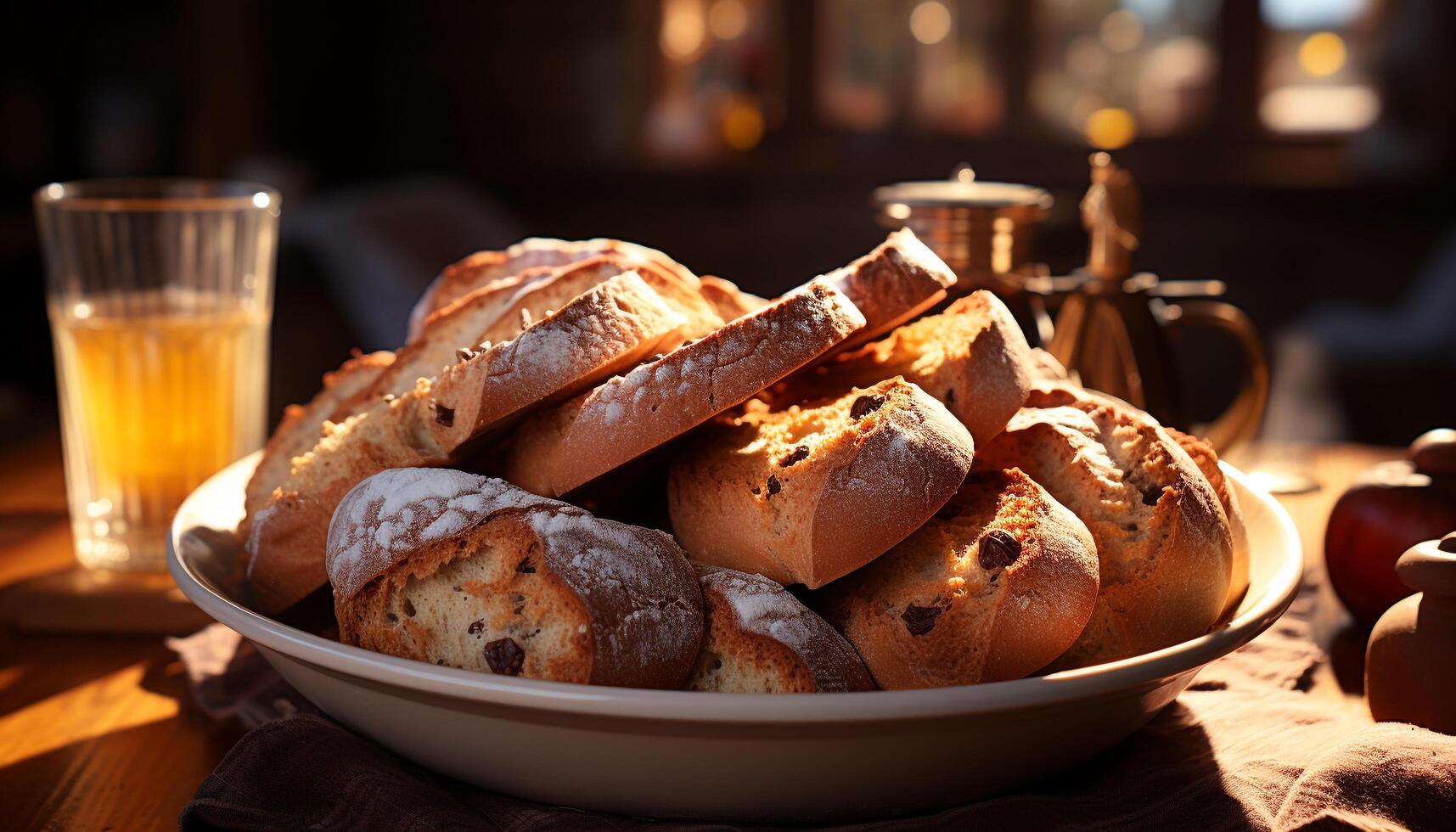 AI generated Freshly baked homemade bread on rustic wooden table, a sweet indulgence generated by AI photo