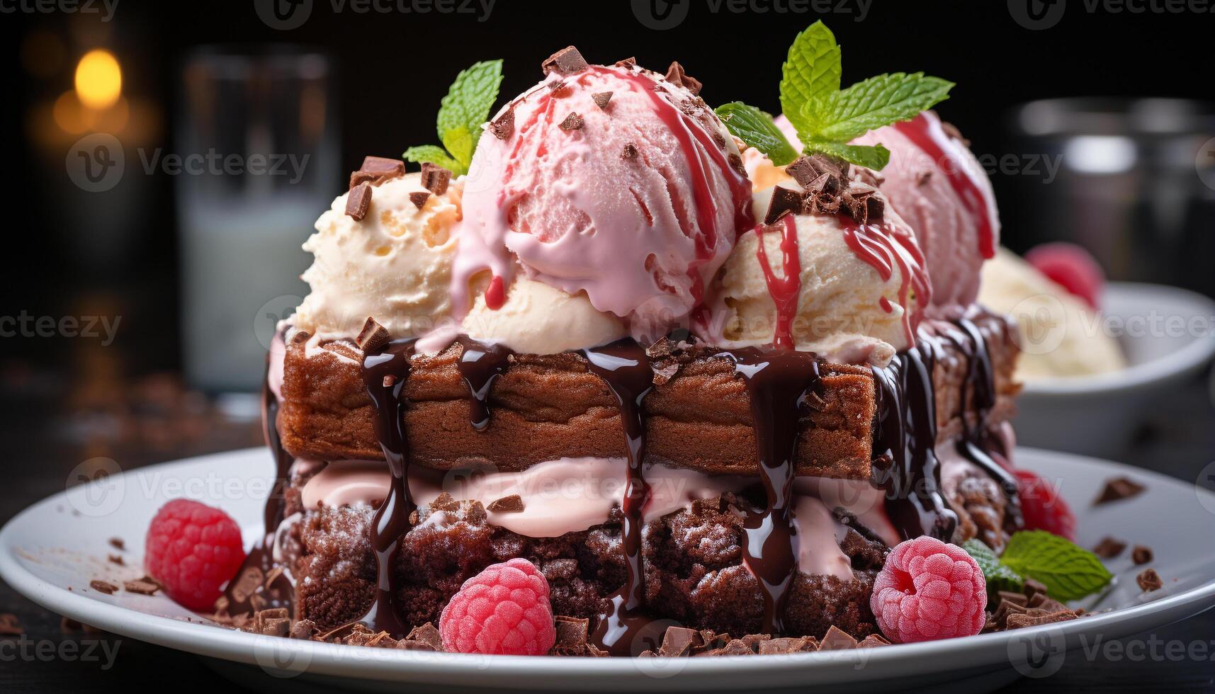 AI generated Indulgent dessert homemade chocolate brownie with fresh berries and mint generated by AI photo