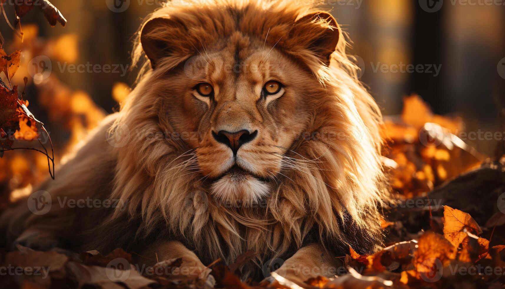 AI generated Majestic lion hiding in grass, looking at camera, autumn beauty generated by AI photo