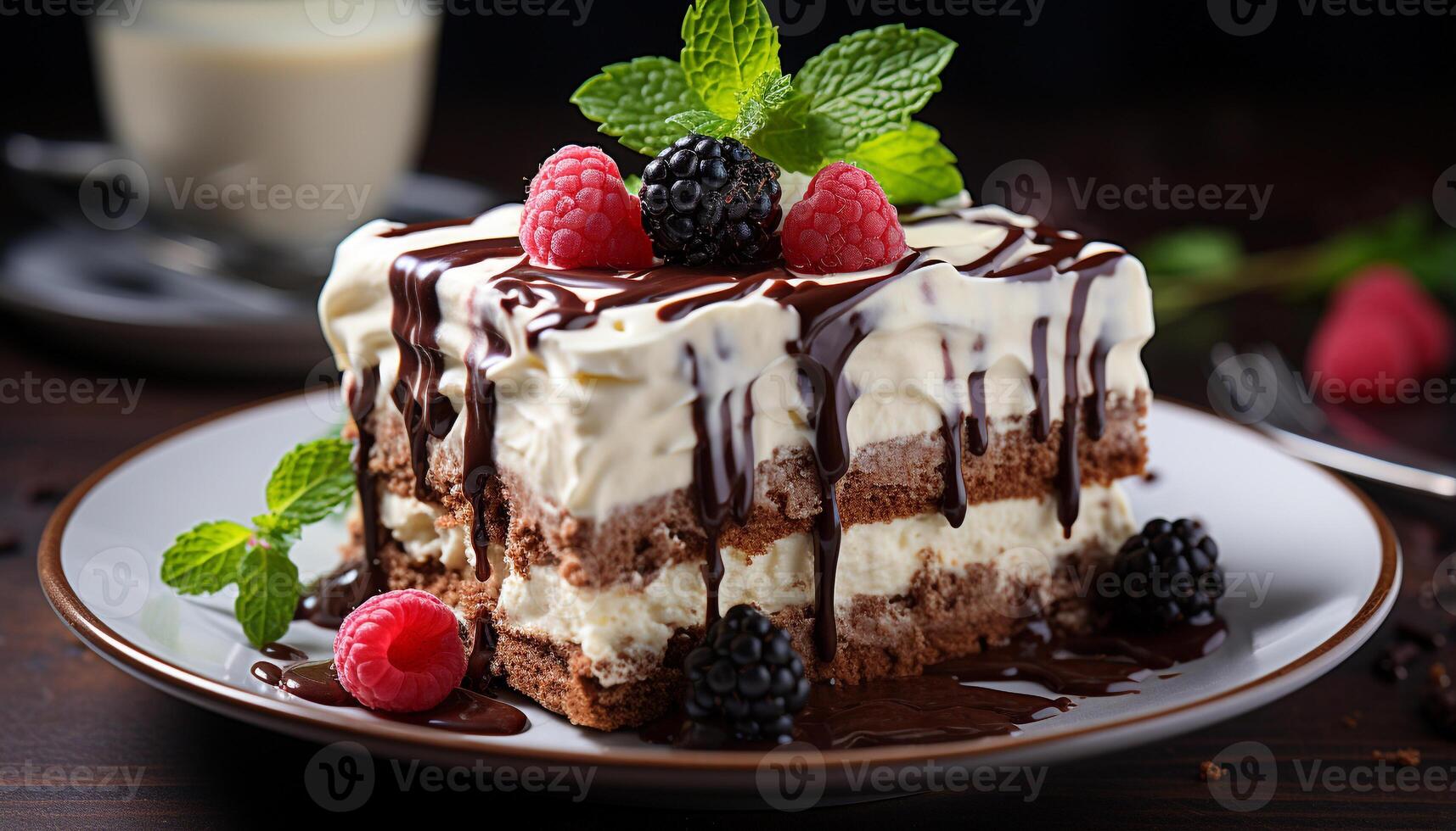 AI generated Homemade gourmet chocolate cheesecake with fresh raspberry and mint leaf generated by AI photo
