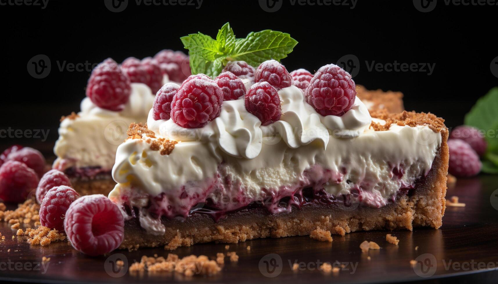 AI generated Homemade gourmet dessert Raspberry cheesecake with chocolate and whipped cream generated by AI photo