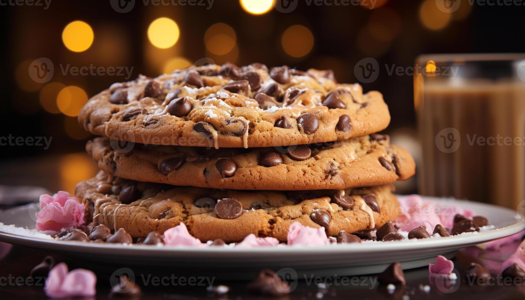 AI generated Freshly baked homemade chocolate chip cookies on a rustic wooden table generated by AI photo