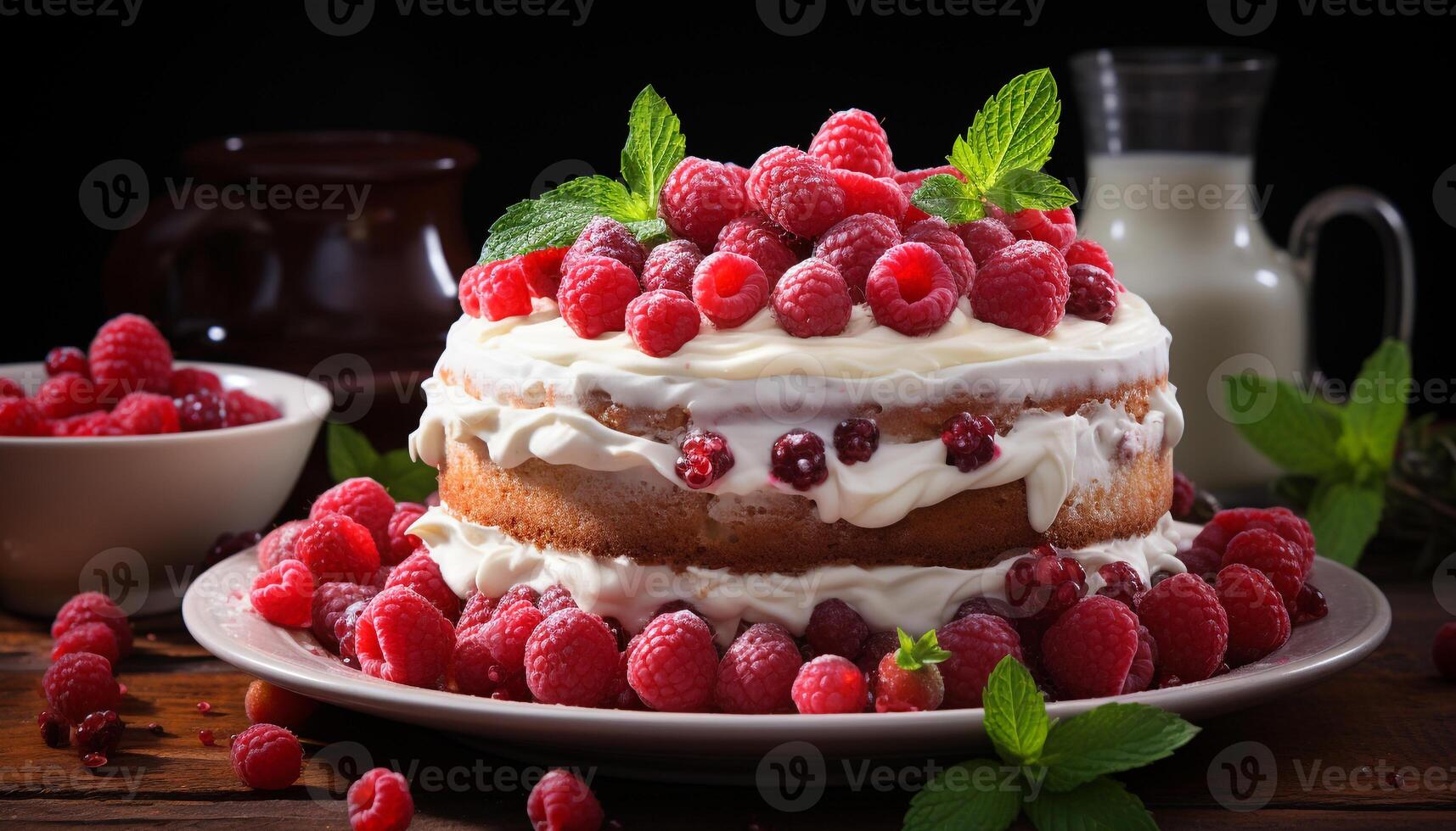AI generated Fresh raspberry dessert on wooden plate with mint leaf decoration generated by AI photo