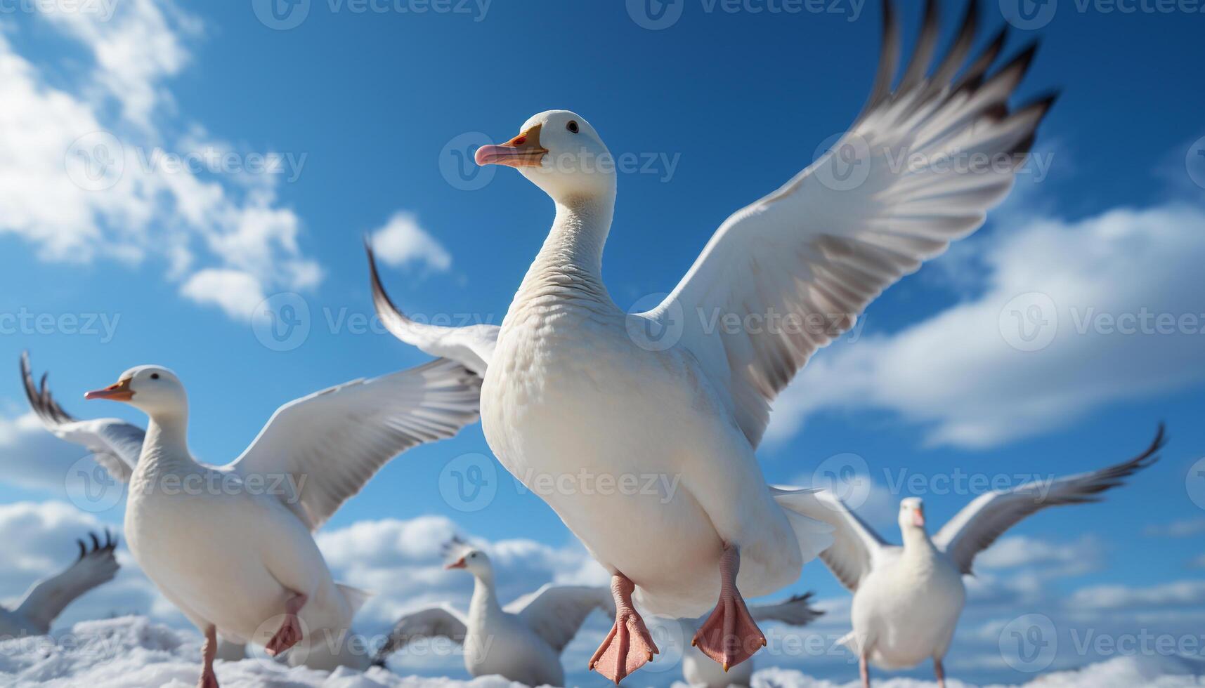 AI generated Seagull flying freely, close to clear sky, coastline and water generated by AI photo
