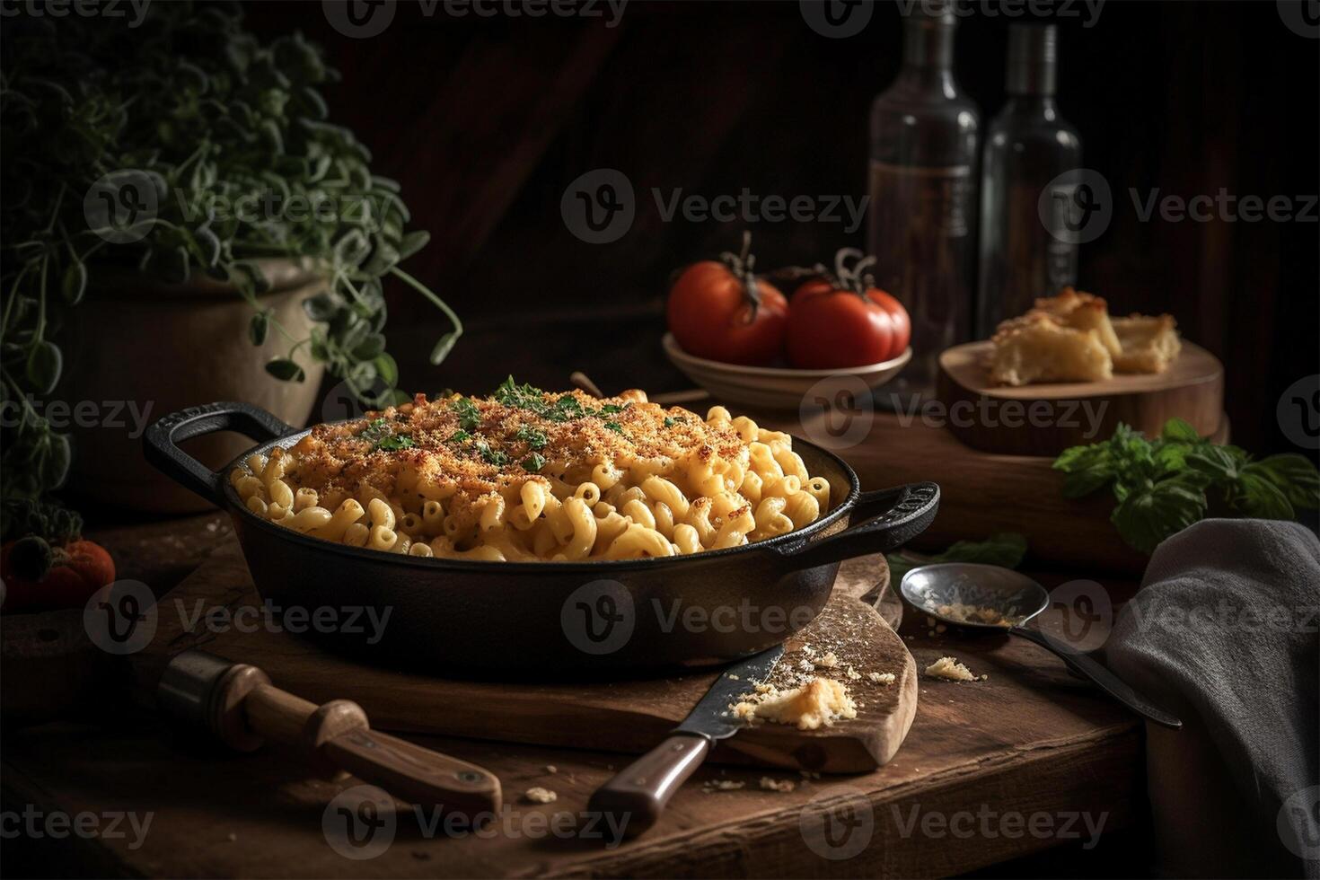 ai generado Mac y queso en de madera mesa.cerrar arriba ver foto