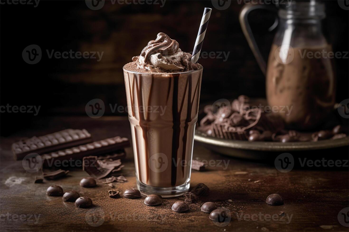 AI generated Chocolate milkshake on wooden table.Close up view photo