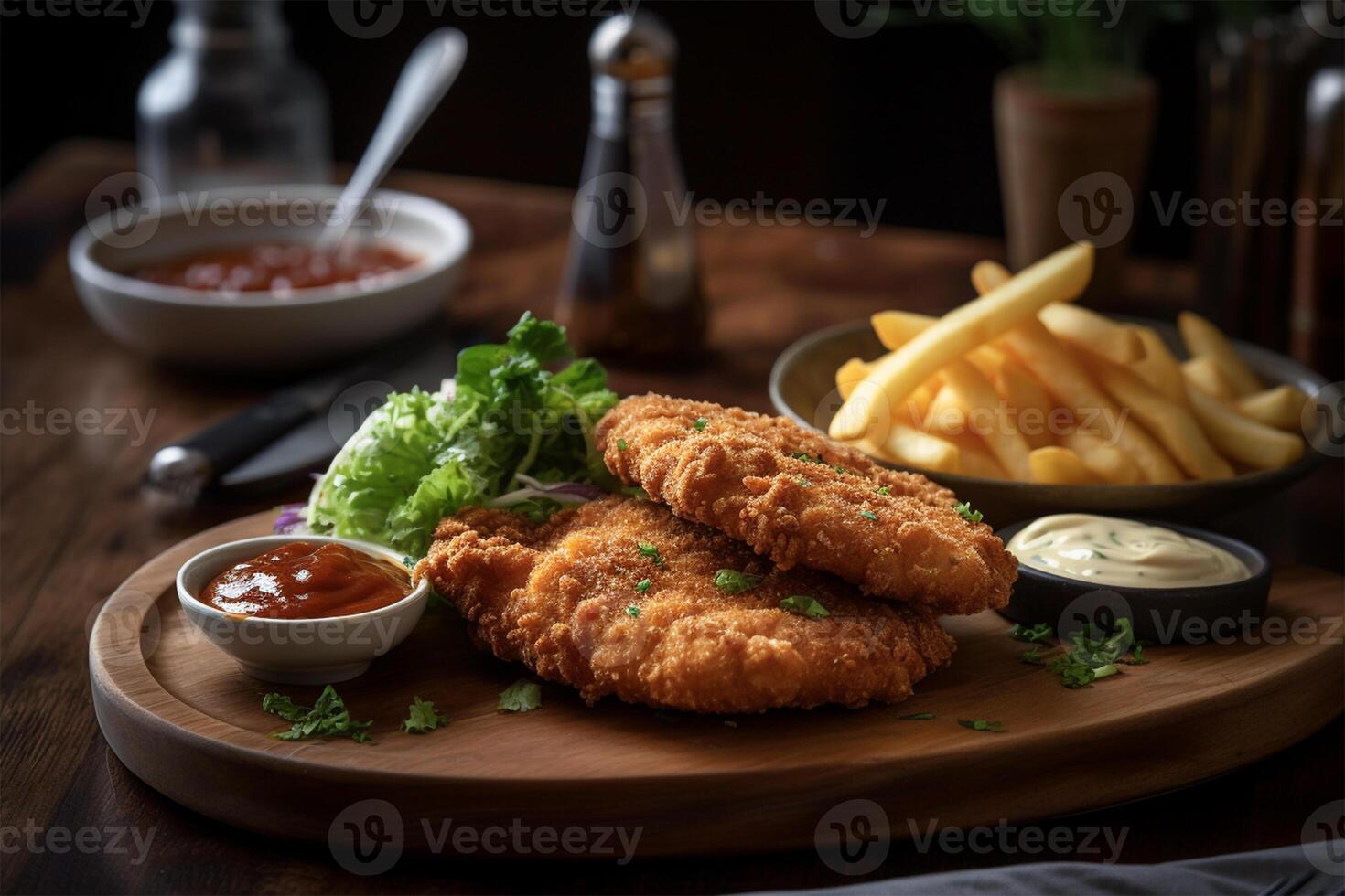AI generated Chicken schnitzel with fried potatoes and salad.Close up view photo