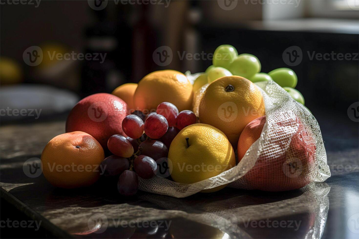 AI generated Closeup view of colorful fruits in a net photo