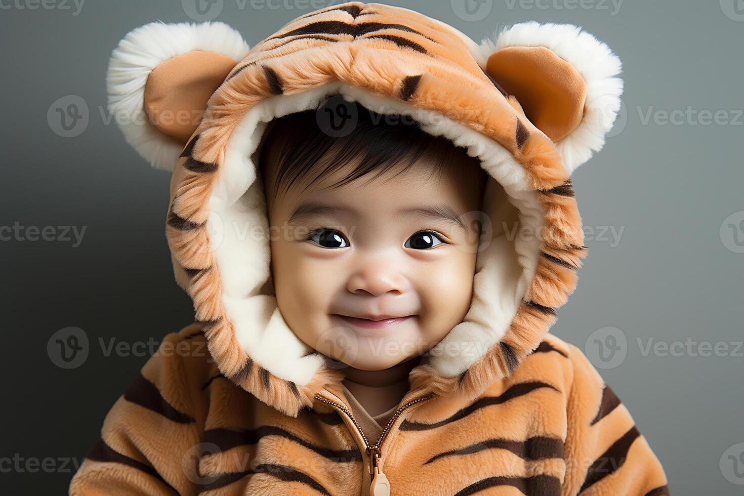 AI generated Portrait of a baby child wearing a tiger costume on isolated background photo
