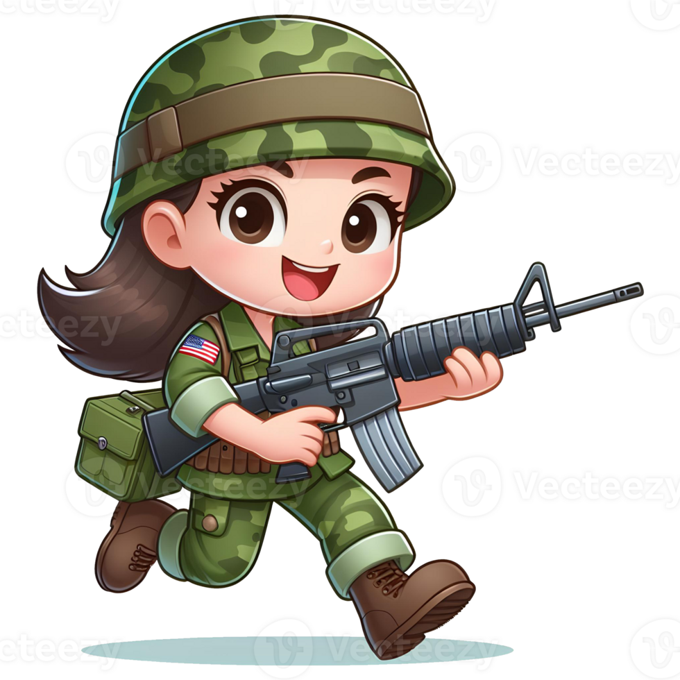 AI generated adorable girl soldier cartoon character png