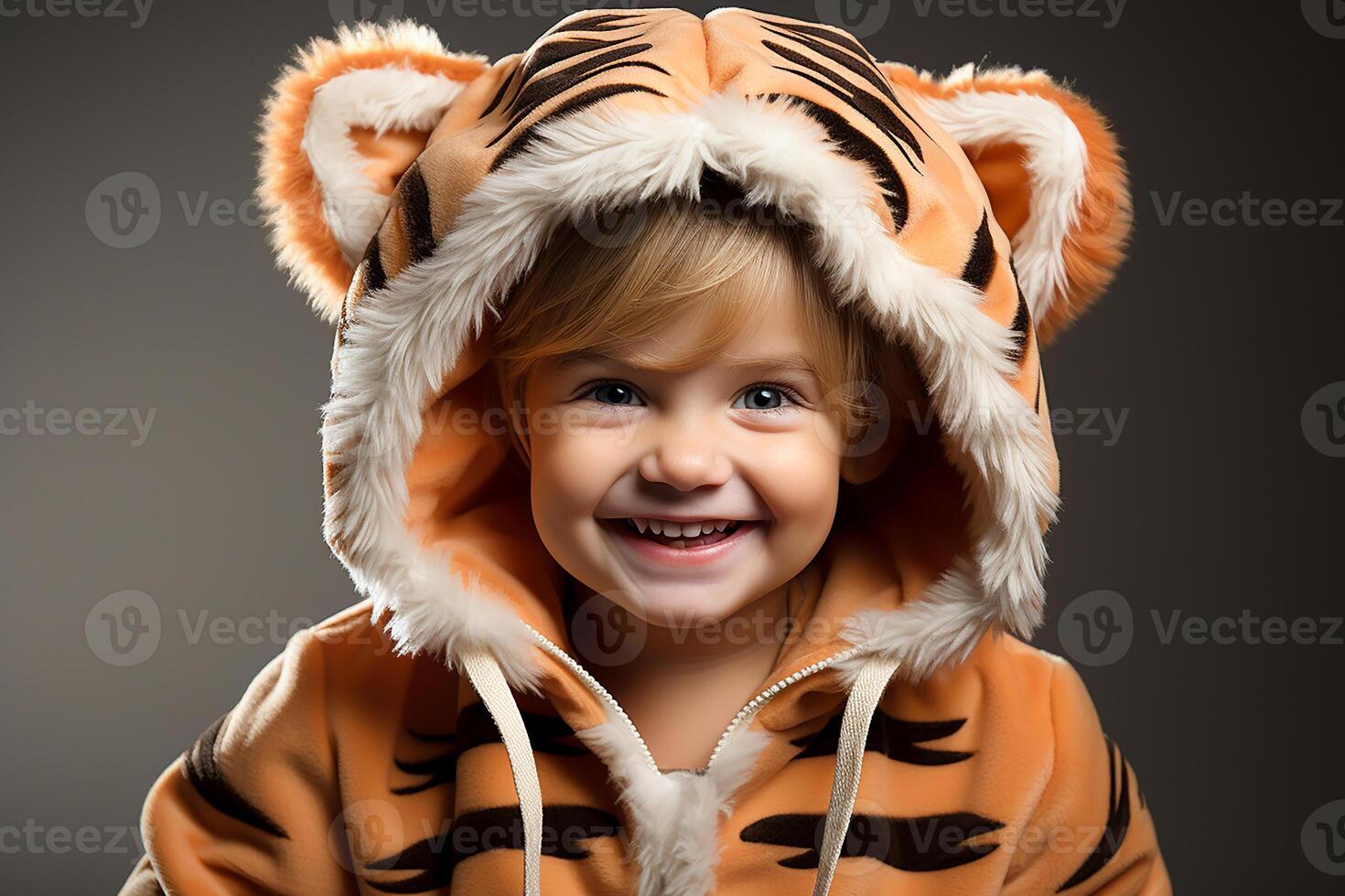 ai generado retrato de un bebé niño vistiendo un Tigre disfraz en aislado antecedentes foto