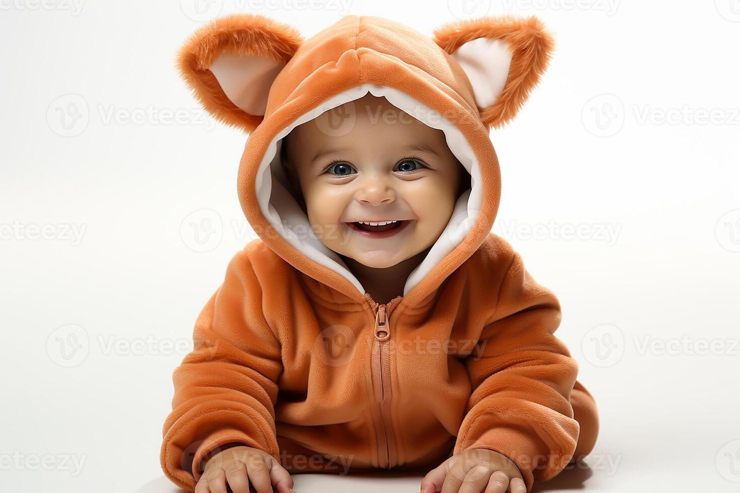AI generated Portrait of a baby child wearing a fox costume on isolated background photo