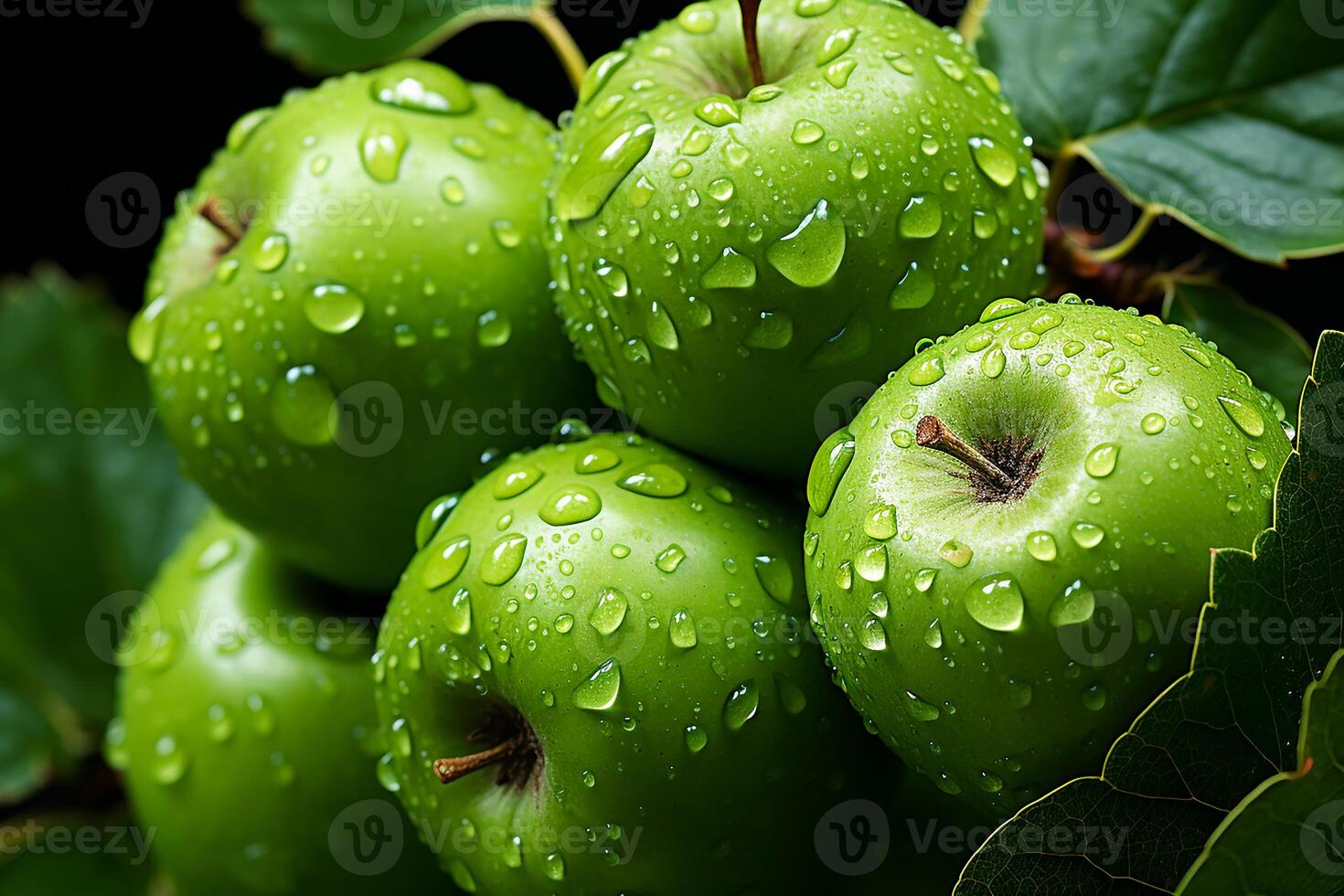 AI generated Fresh and wet green apples on the tree.Close up view in sunlight photo