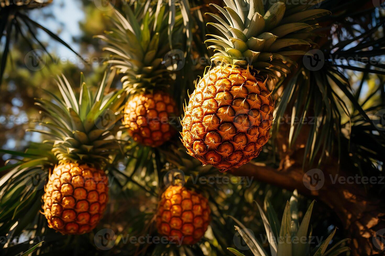 AI generated Fresh pineapples on the tree.Close up view in sunlight photo