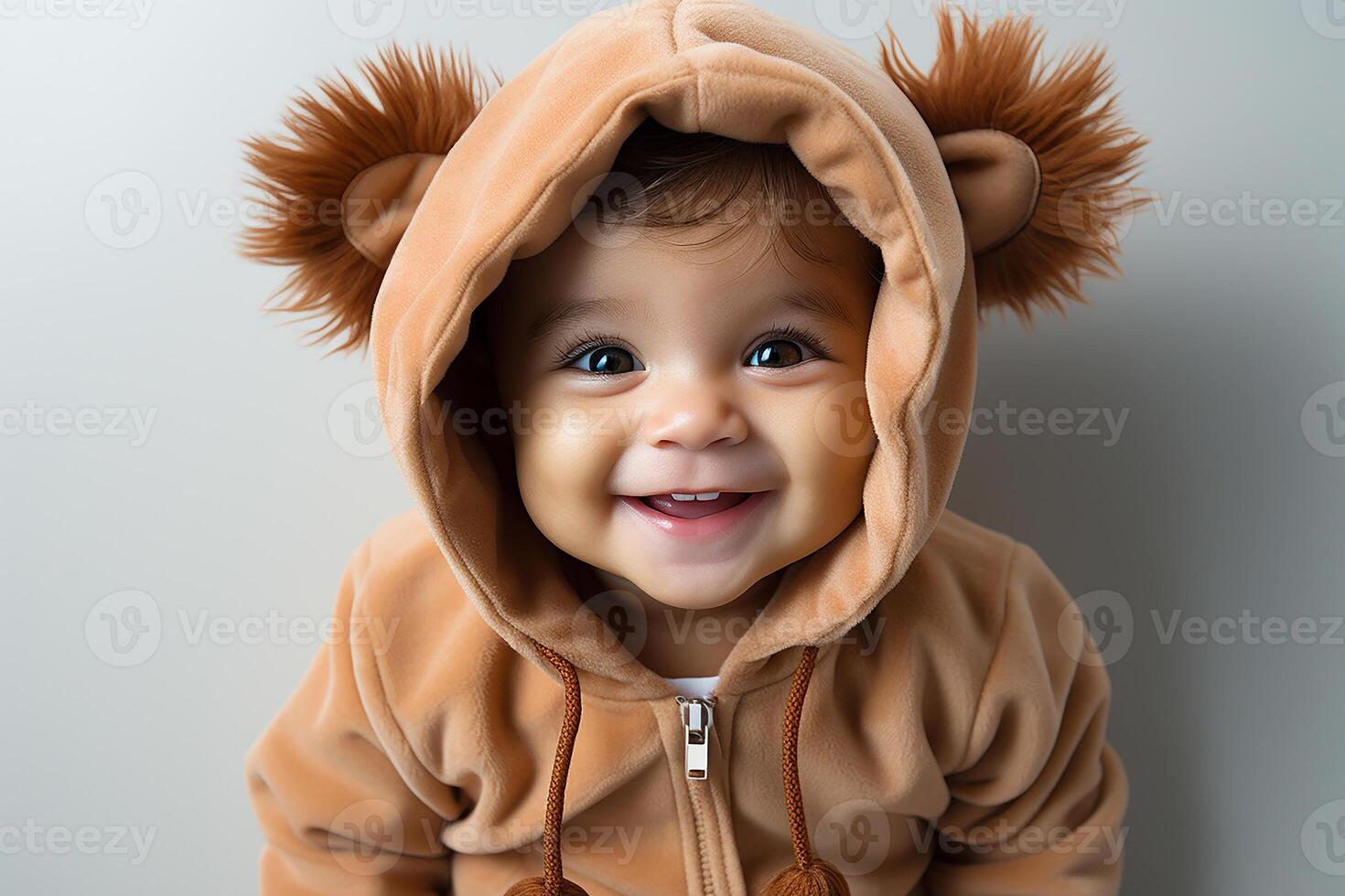 AI generated Portrait of a baby child wearing a lion costume on isolated background photo