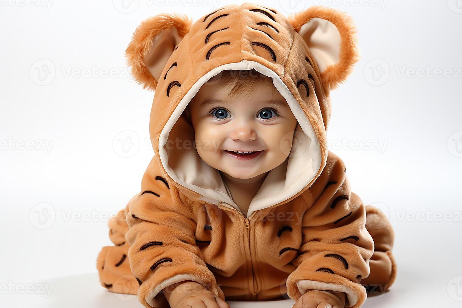 AI generated Portrait of a baby child wearing a lion costume on isolated background photo