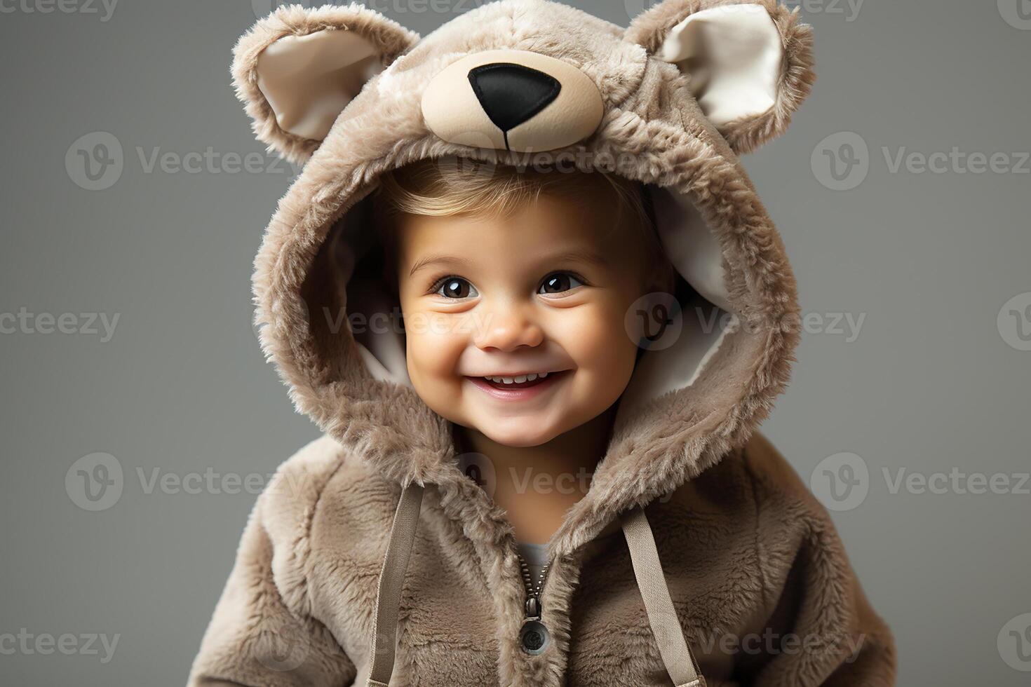 AI generated Portrait of a baby child wearing a bear costume on isolated background photo
