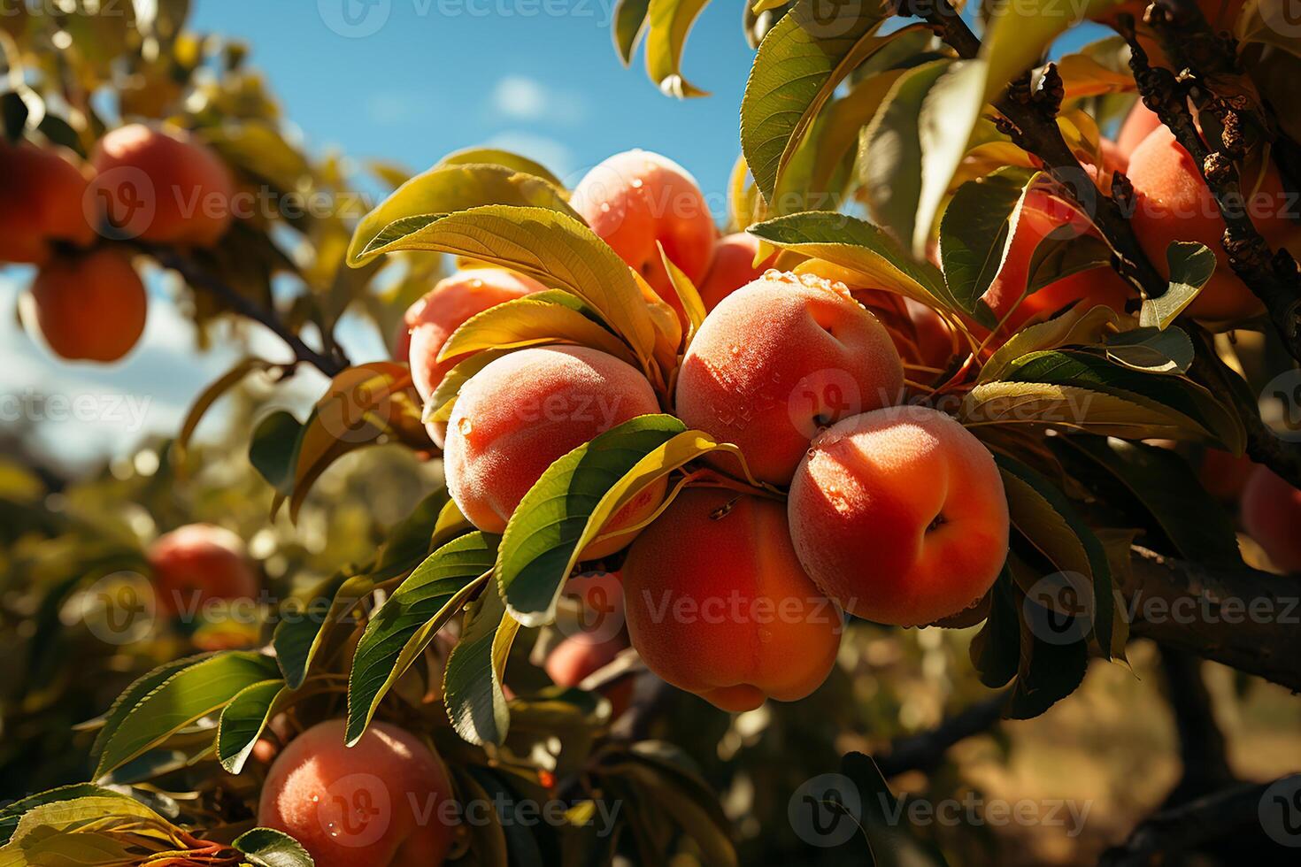 AI generated Fresh and wet peaches on the tree.Close up view in sunlight photo