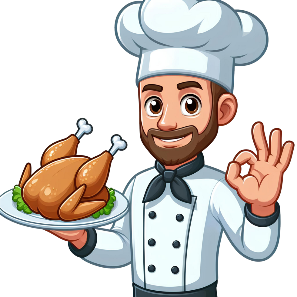 AI generated chef cartoon character holding fried chicken with OK finger pose png