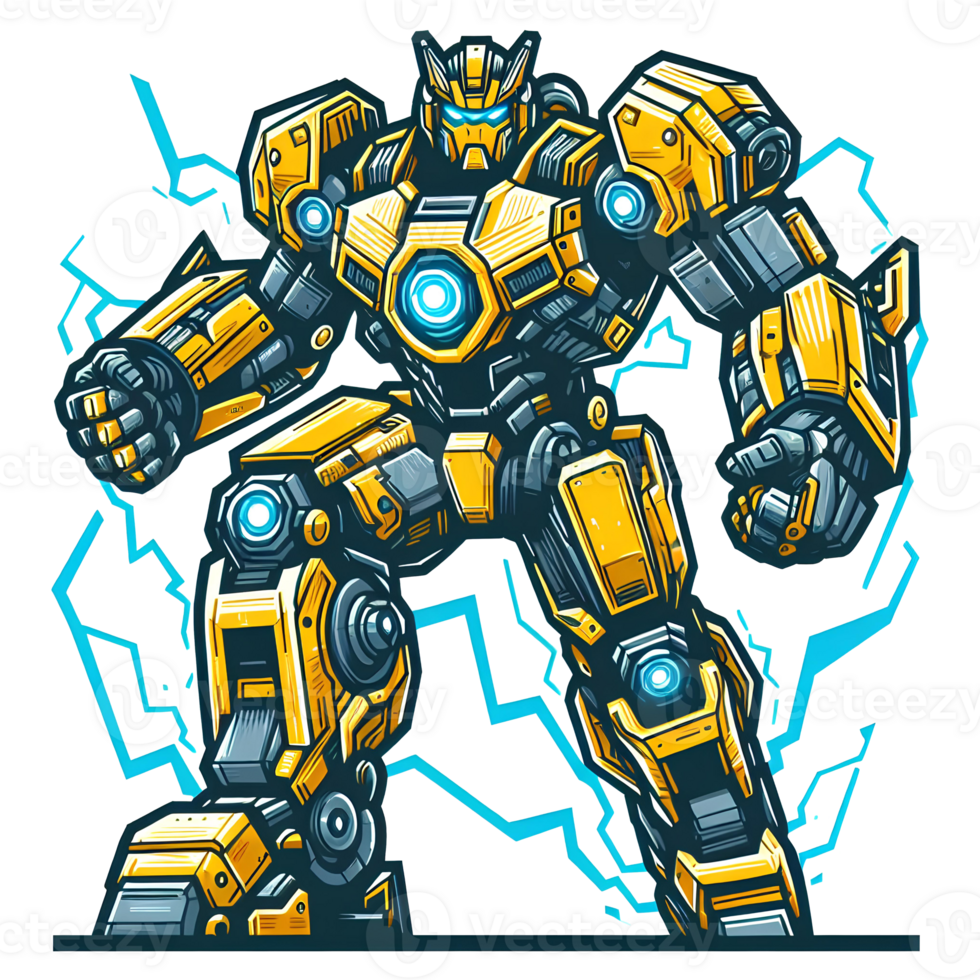 AI generated cartoon yellow robot with lightning powers png