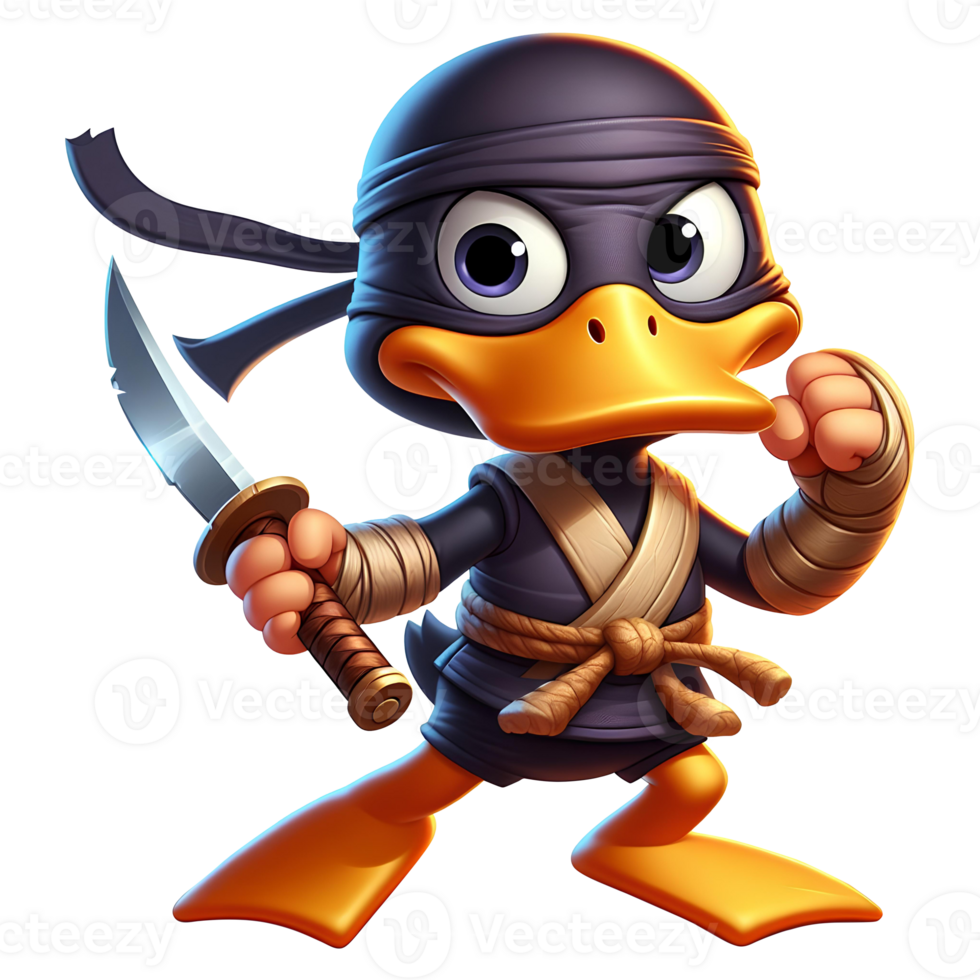 AI generated cute ninja duck with sword hero game character PNG transparent background